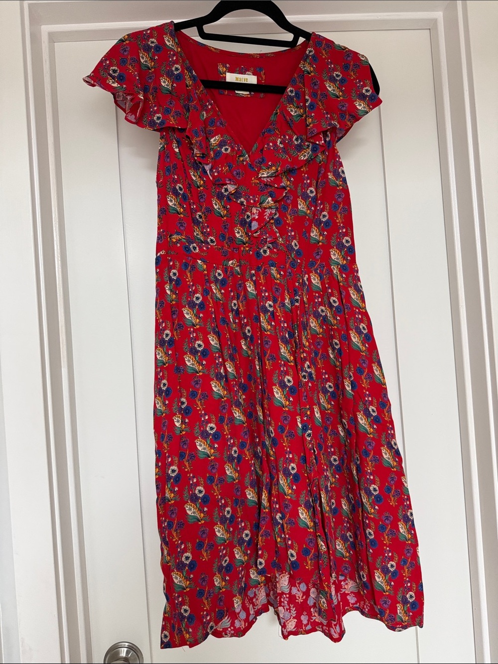 Maeve Red Floral Ruffle Midi Dress